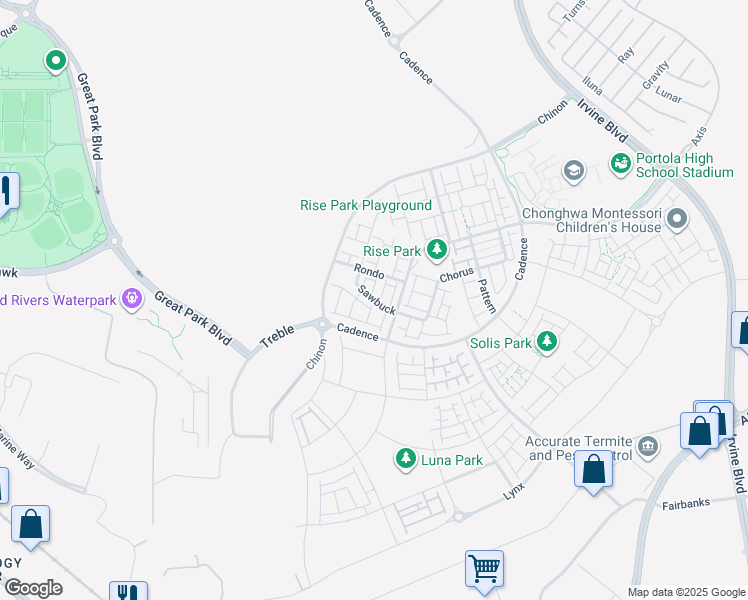 map of restaurants, bars, coffee shops, grocery stores, and more near 135 Sawbuck in Irvine