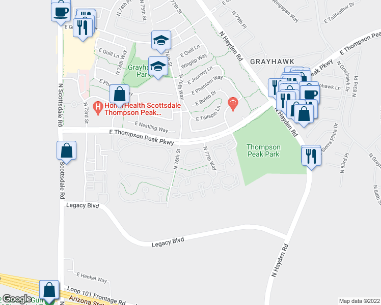 map of restaurants, bars, coffee shops, grocery stores, and more near North 76th Street in Scottsdale