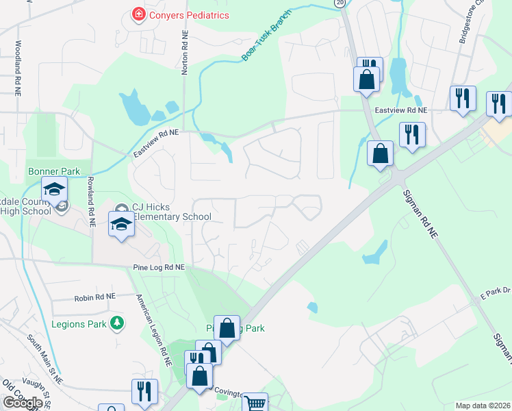 map of restaurants, bars, coffee shops, grocery stores, and more near 1057 Wedgewood Court Northeast in Conyers