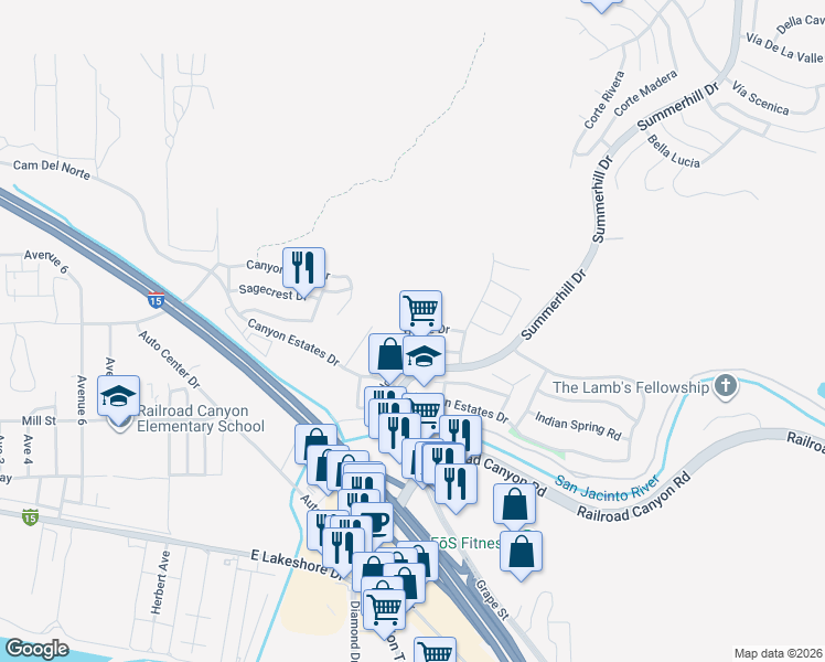 map of restaurants, bars, coffee shops, grocery stores, and more near 31625 Saddle Ridge Drive in Lake Elsinore