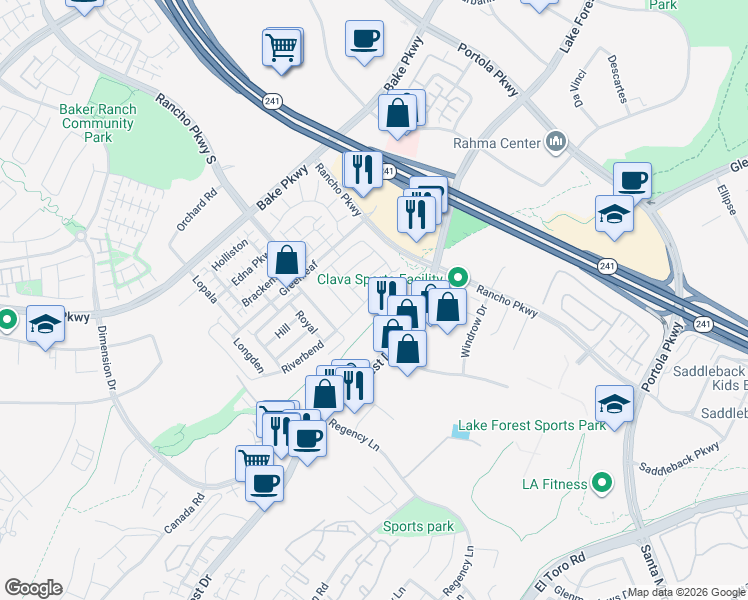 map of restaurants, bars, coffee shops, grocery stores, and more near 360 Riverbend in Lake Forest