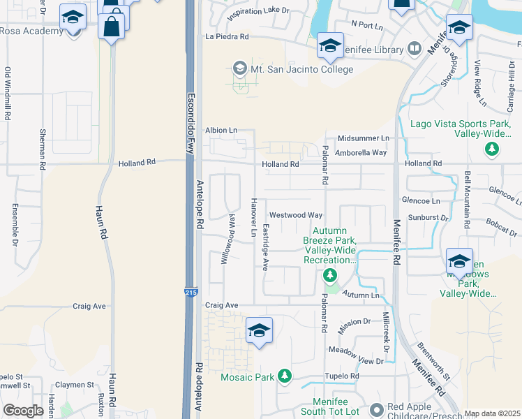 map of restaurants, bars, coffee shops, grocery stores, and more near 30679 Eastridge Avenue in Menifee