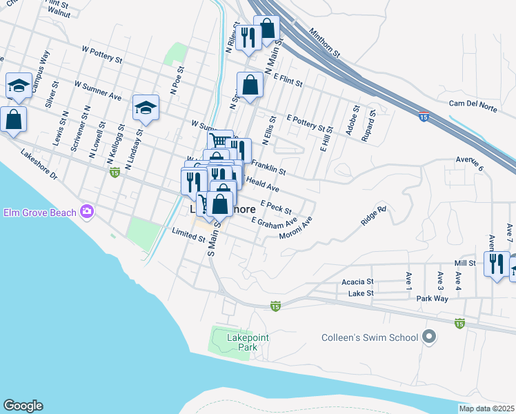 map of restaurants, bars, coffee shops, grocery stores, and more near 229 East Graham Avenue in Lake Elsinore