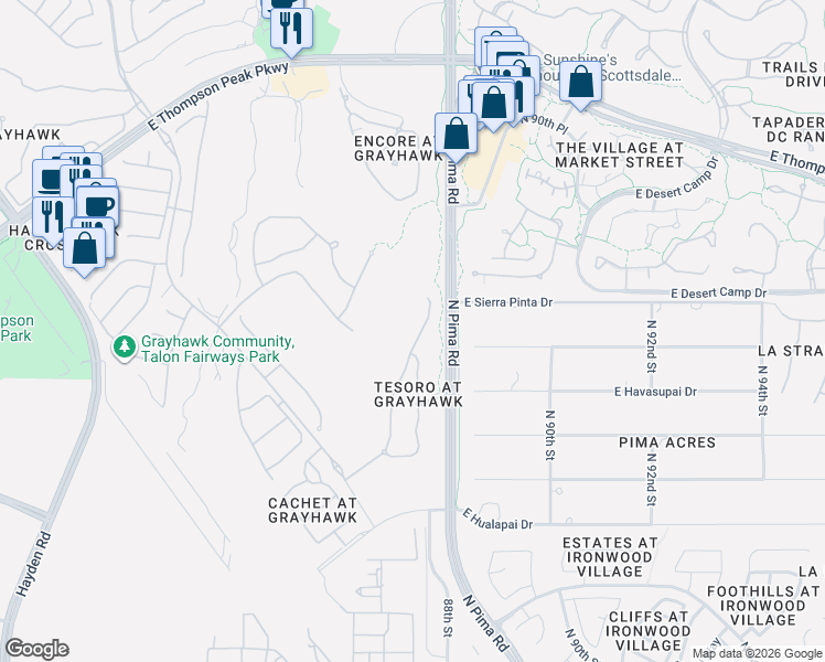 map of restaurants, bars, coffee shops, grocery stores, and more near North Grayhawk Drive in Scottsdale