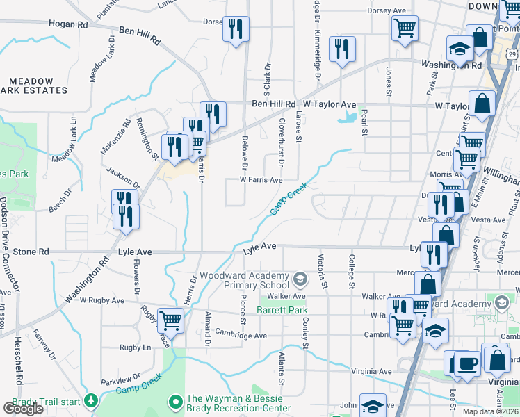 map of restaurants, bars, coffee shops, grocery stores, and more near 3203 Cloverhurst Dr in East Point