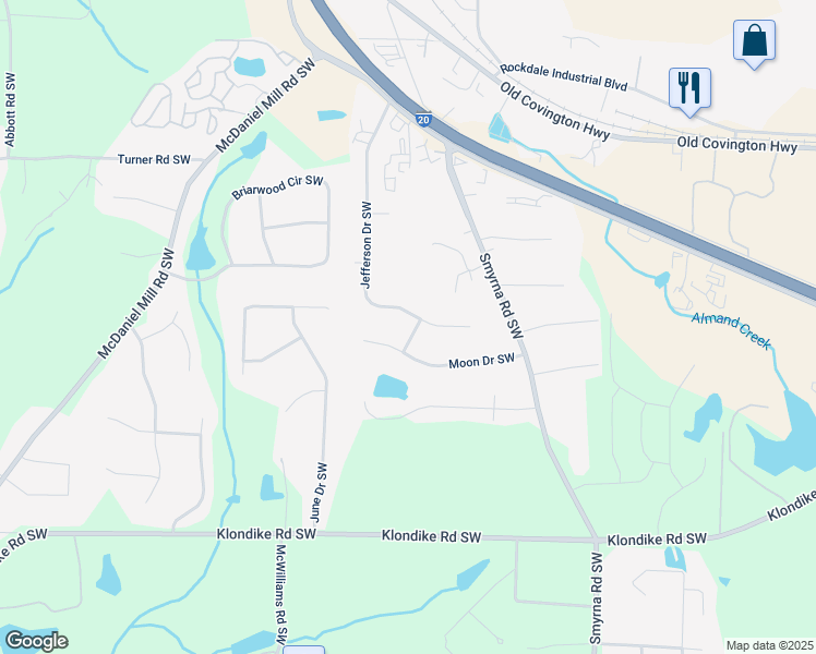 map of restaurants, bars, coffee shops, grocery stores, and more near 897 Marie Lane Southwest in Conyers