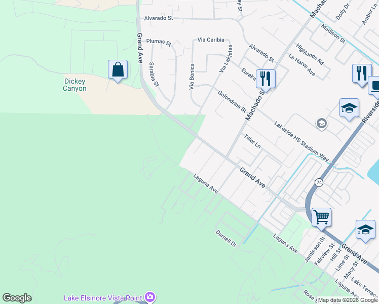map of restaurants, bars, coffee shops, grocery stores, and more near 15035 Grand Avenue in Lake Elsinore