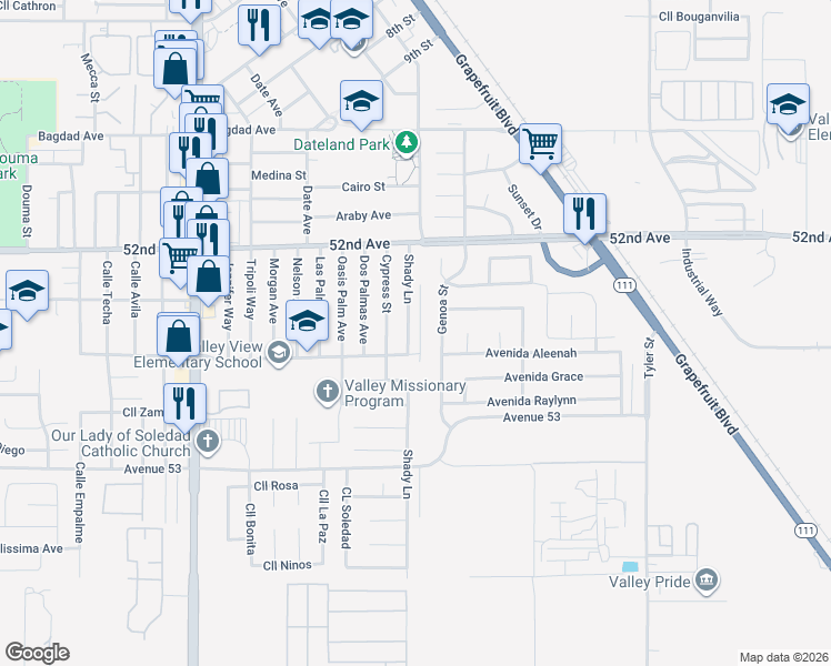 map of restaurants, bars, coffee shops, grocery stores, and more near 52426 Shady Lane in Coachella