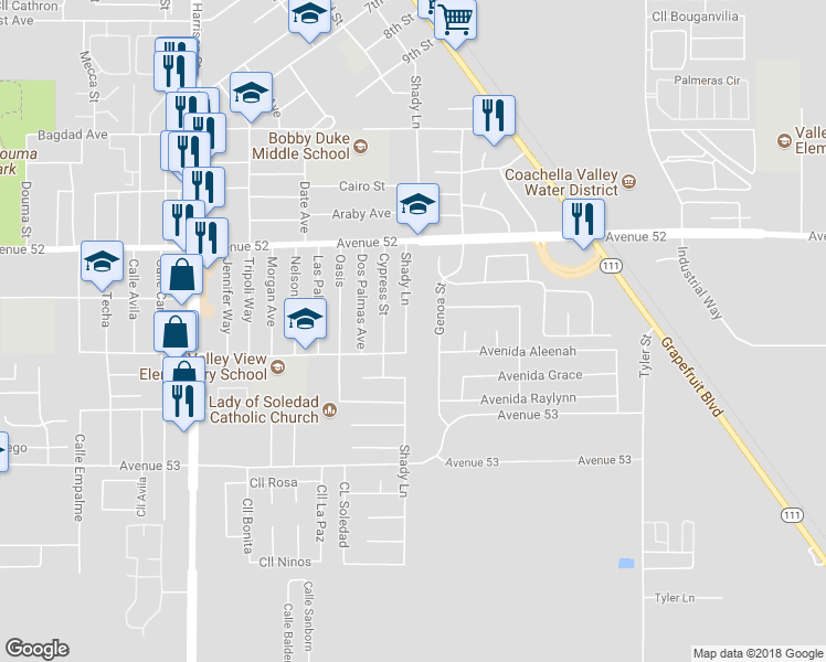 map of restaurants, bars, coffee shops, grocery stores, and more near 52426 Shady Lane in Coachella