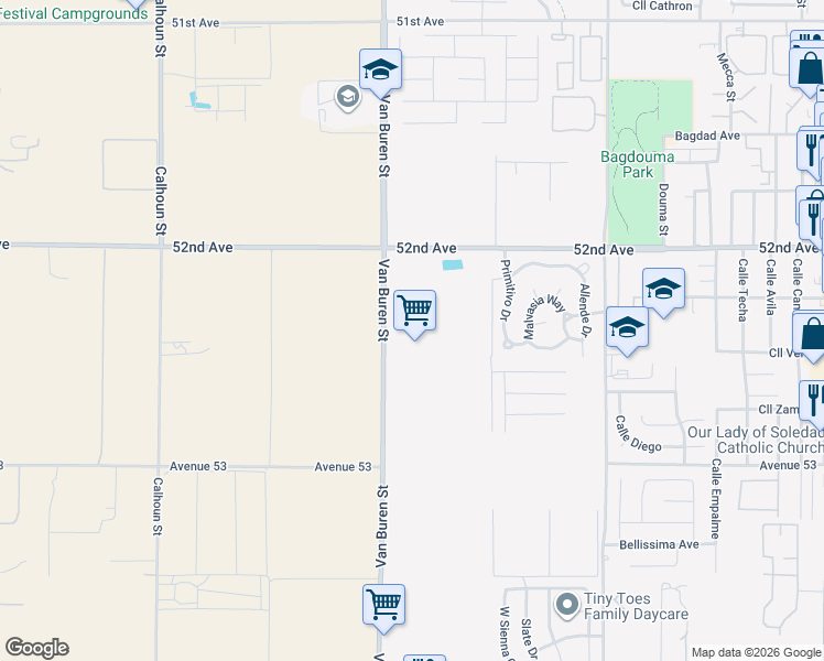 map of restaurants, bars, coffee shops, grocery stores, and more near 52500 Van Buren Street in Coachella