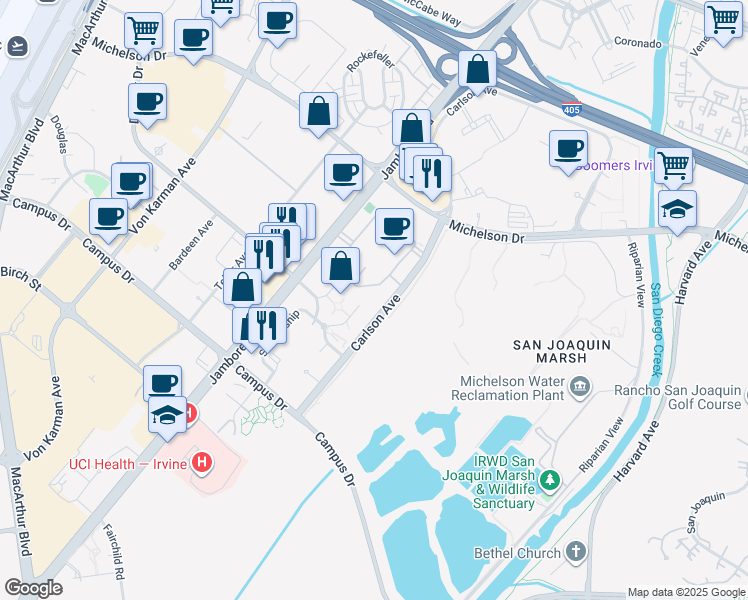 map of restaurants, bars, coffee shops, grocery stores, and more near 30 Palatine in Irvine