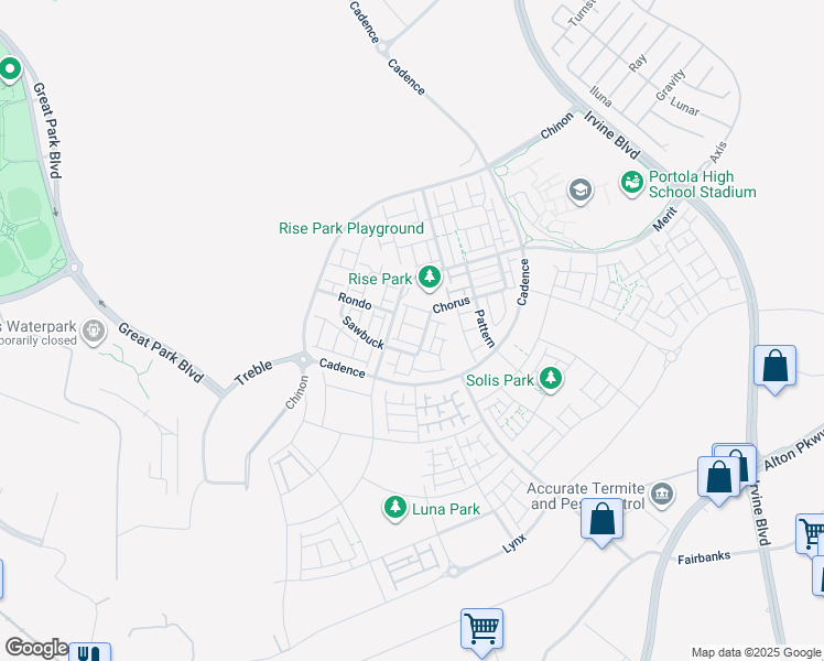 map of restaurants, bars, coffee shops, grocery stores, and more near 217 Chorus in Irvine