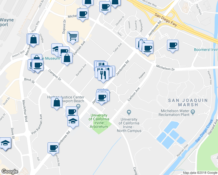 map of restaurants, bars, coffee shops, grocery stores, and more near 1425 Scholarship in Irvine