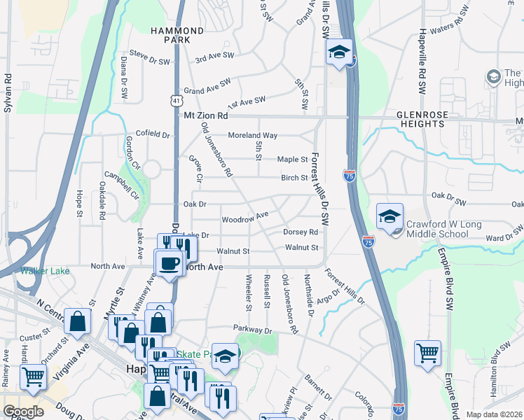 map of restaurants, bars, coffee shops, grocery stores, and more near 3251 Old Jonesboro Road in Hapeville