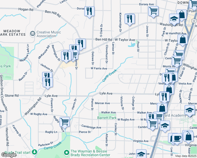 map of restaurants, bars, coffee shops, grocery stores, and more near 3197 Cloverhurst Drive in East Point