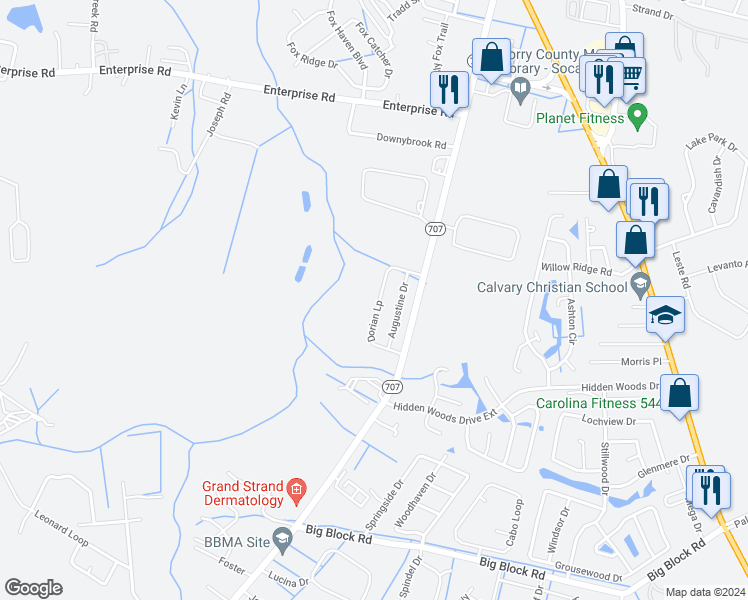 map of restaurants, bars, coffee shops, grocery stores, and more near 6920 South Carolina 707 in Myrtle Beach
