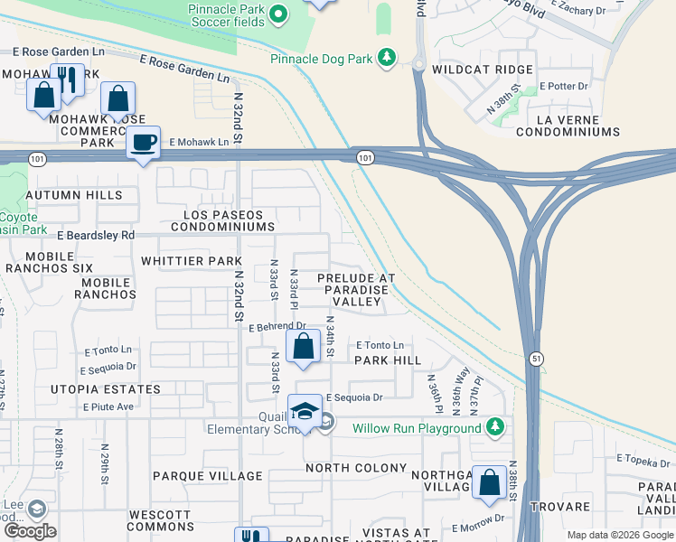 map of restaurants, bars, coffee shops, grocery stores, and more near 3401 East Wahalla Lane in Phoenix