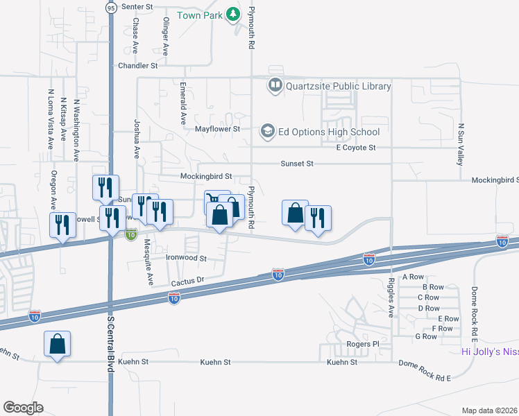 map of restaurants, bars, coffee shops, grocery stores, and more near 75 Plymouth Road in Quartzsite