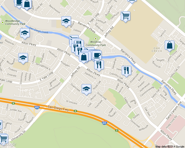 map of restaurants, bars, coffee shops, grocery stores, and more near 10 Lantern Lane in Irvine