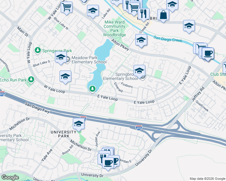 map of restaurants, bars, coffee shops, grocery stores, and more near 20 Rainbow Lake in Irvine