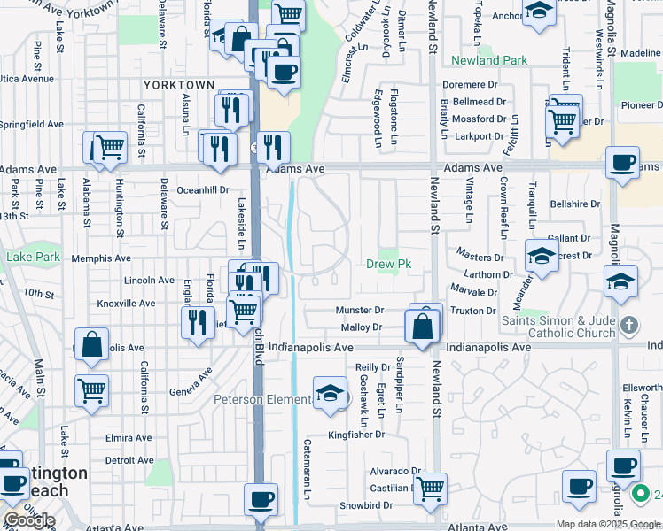 map of restaurants, bars, coffee shops, grocery stores, and more near 20331 Portview Circle in Huntington Beach