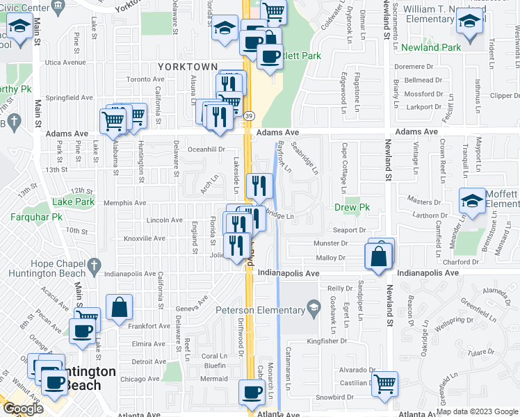 map of restaurants, bars, coffee shops, grocery stores, and more near 1142 Summerview Lane in Huntington Beach