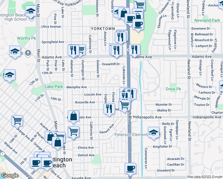 map of restaurants, bars, coffee shops, grocery stores, and more near 1118 England Street in Huntington Beach