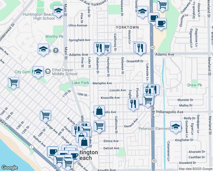 map of restaurants, bars, coffee shops, grocery stores, and more near 214 Lincoln Avenue in Huntington Beach