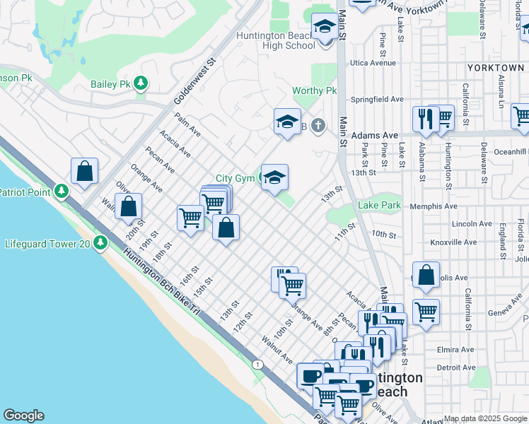 map of restaurants, bars, coffee shops, grocery stores, and more near 522 15th Street in Huntington Beach