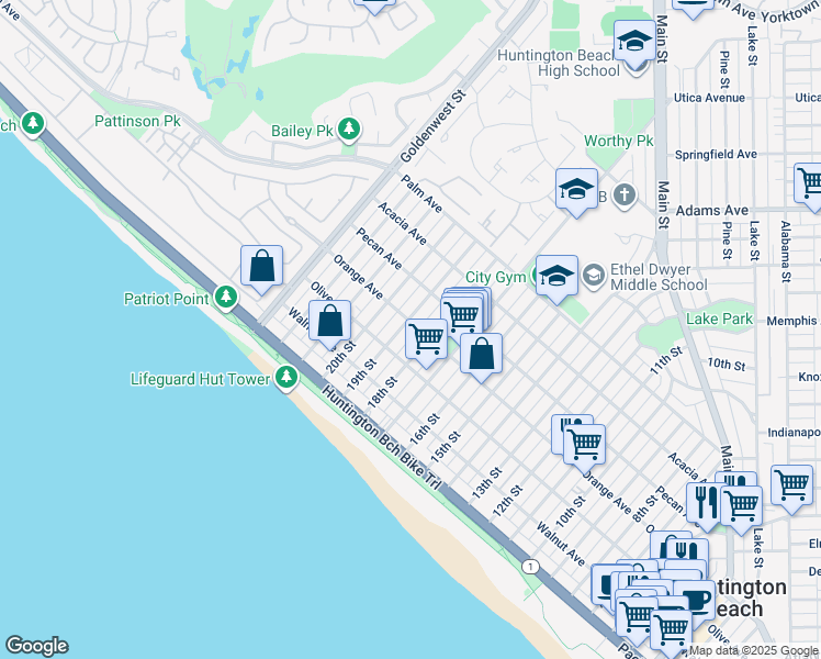 map of restaurants, bars, coffee shops, grocery stores, and more near 314 18th Street in Huntington Beach