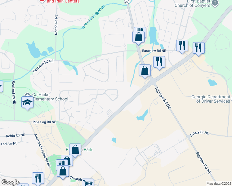 map of restaurants, bars, coffee shops, grocery stores, and more near 2111 Belmont Circle Northeast in Conyers