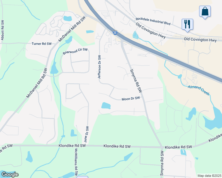 map of restaurants, bars, coffee shops, grocery stores, and more near 897 Marie Lane Southwest in Conyers