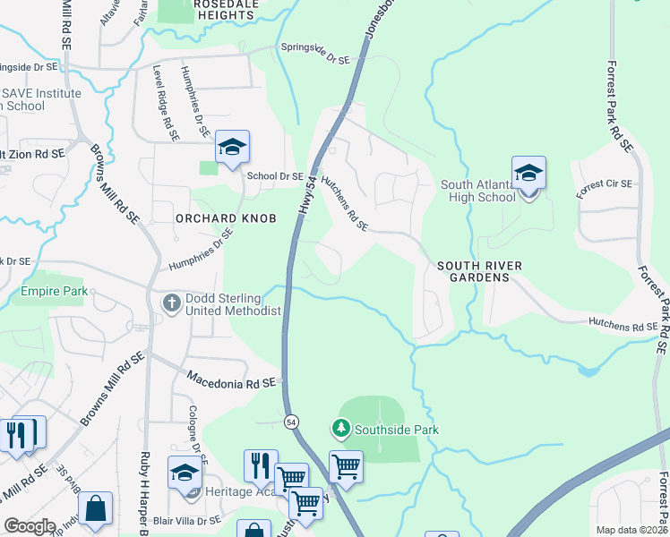 map of restaurants, bars, coffee shops, grocery stores, and more near 3216 Jonesboro Road Southeast in Atlanta