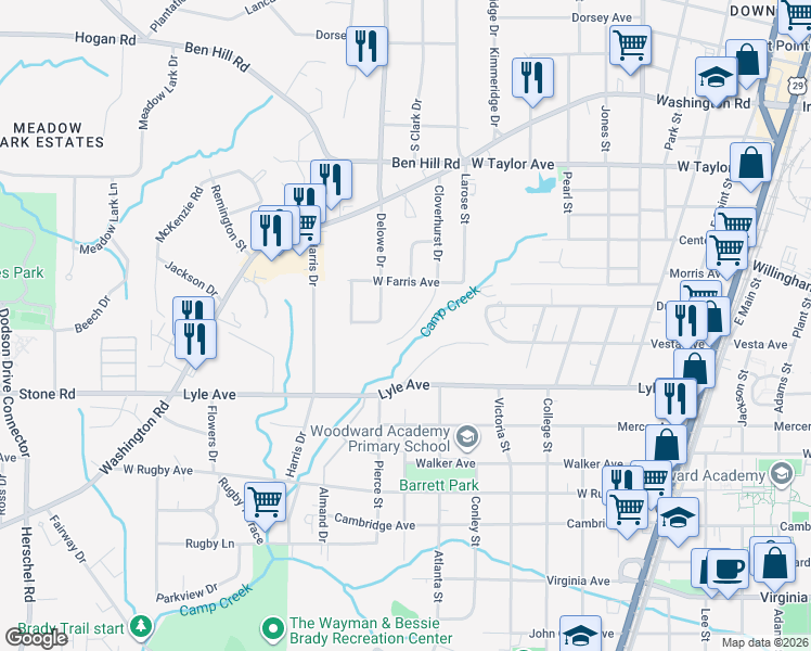 map of restaurants, bars, coffee shops, grocery stores, and more near 3203 Cloverhurst Drive in East Point