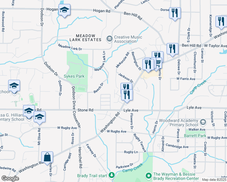 map of restaurants, bars, coffee shops, grocery stores, and more near 3259 Washington Road in Atlanta