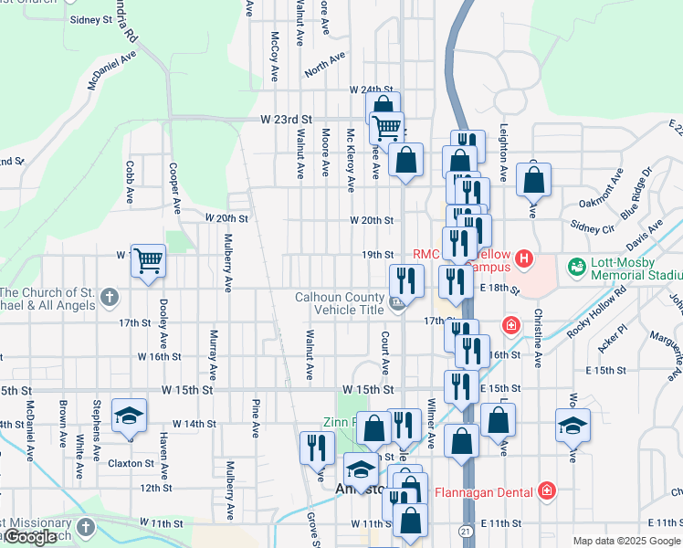 map of restaurants, bars, coffee shops, grocery stores, and more near 130 West 18th Street in Anniston