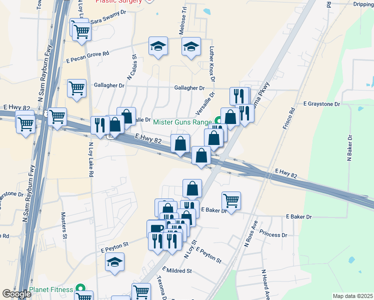 map of restaurants, bars, coffee shops, grocery stores, and more near 1936 East Highway 82 in Sherman