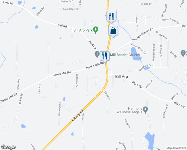 map of restaurants, bars, coffee shops, grocery stores, and more near 5021 Oakdale Drive in Douglasville