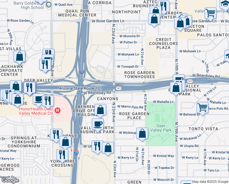 map of restaurants, bars, coffee shops, grocery stores, and more near W Beardsley Rd & N 23rd Ave in Phoenix