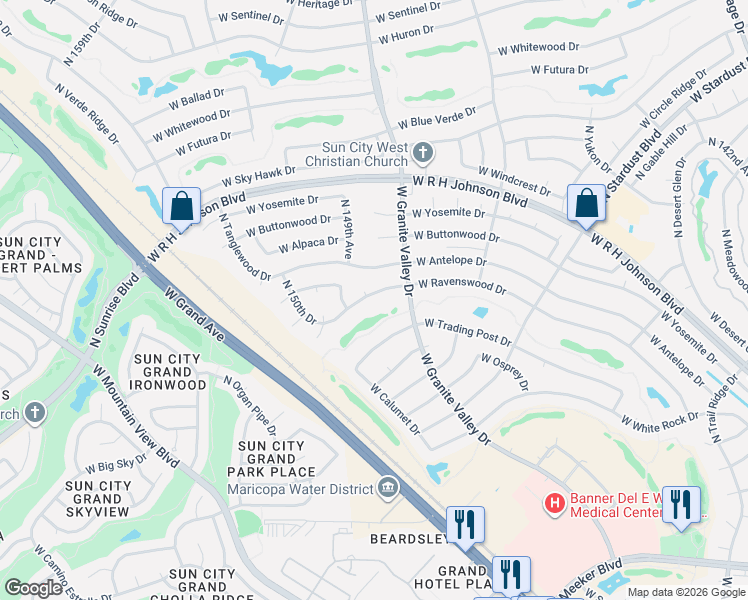 map of restaurants, bars, coffee shops, grocery stores, and more near 14903 West Ravenswood Drive in Sun City West
