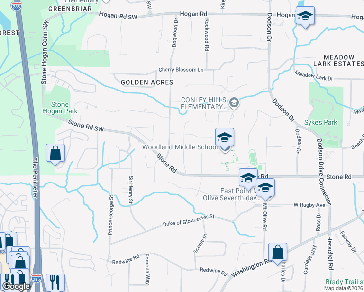 map of restaurants, bars, coffee shops, grocery stores, and more near 3242 Briarwood Boulevard in East Point