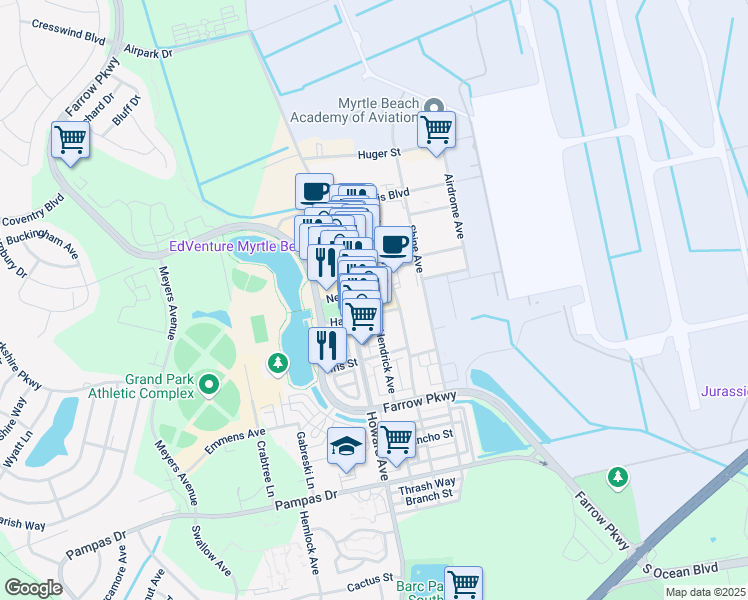 map of restaurants, bars, coffee shops, grocery stores, and more near 3050 Howard Avenue in Myrtle Beach