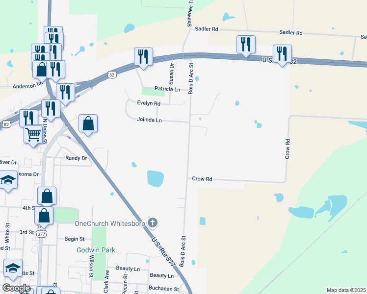 map of restaurants, bars, coffee shops, grocery stores, and more near 929 Bois D Arc Street in Whitesboro