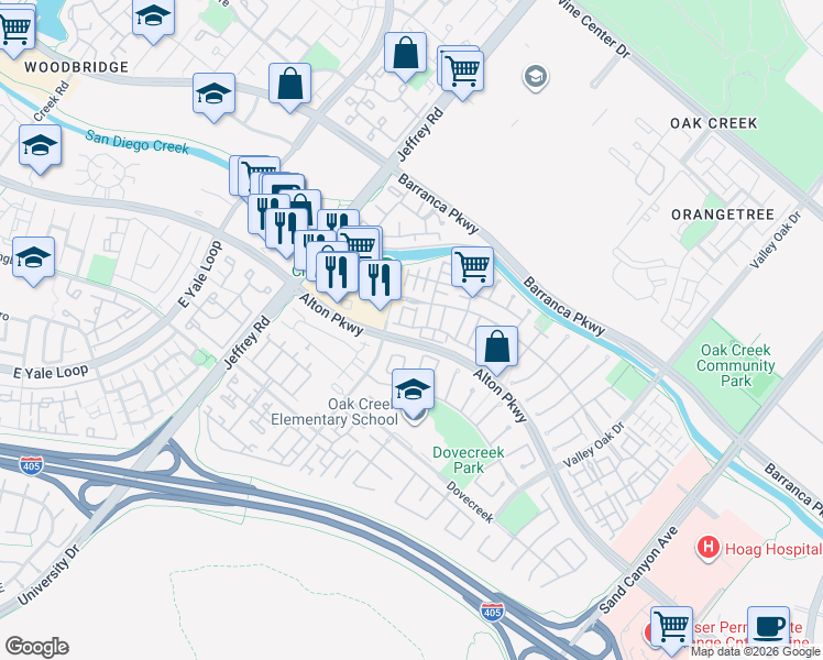 map of restaurants, bars, coffee shops, grocery stores, and more near 2301 Crescent Oak in Irvine
