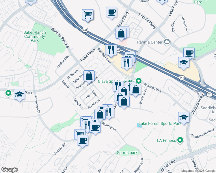 map of restaurants, bars, coffee shops, grocery stores, and more near Serrano Creek Trail in Lake Forest