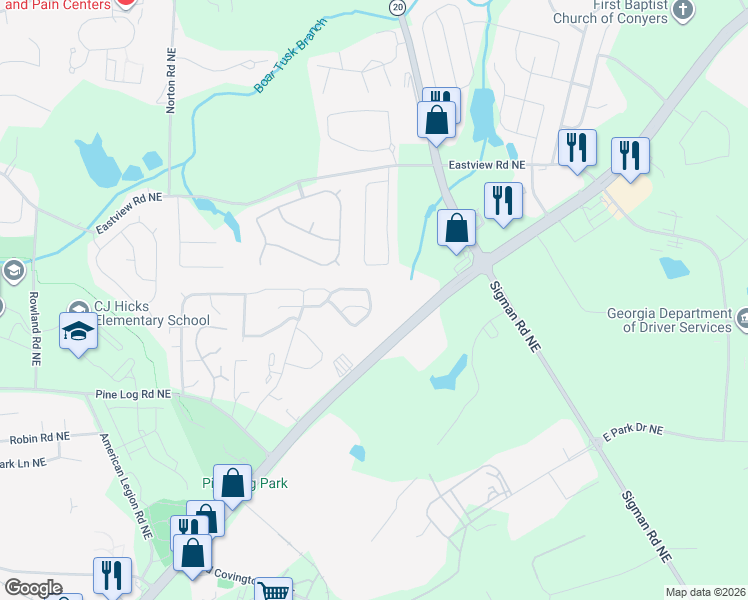 map of restaurants, bars, coffee shops, grocery stores, and more near 2086 Belmont Circle Northeast in Conyers