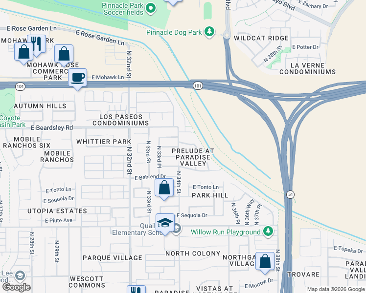 map of restaurants, bars, coffee shops, grocery stores, and more near 3401 East Wahalla Lane in Phoenix