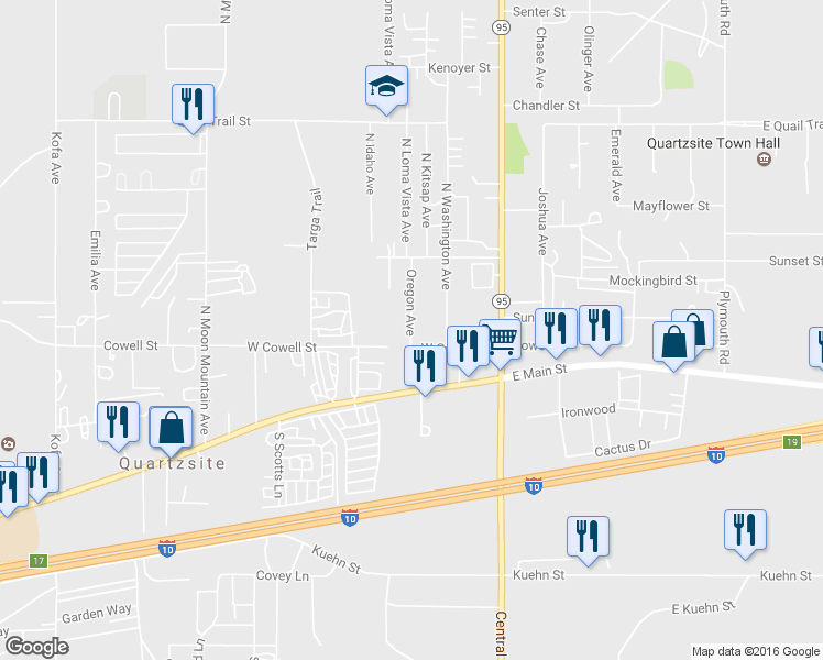 map of restaurants, bars, coffee shops, grocery stores, and more near 65 Oregon Avenue in Quartzsite