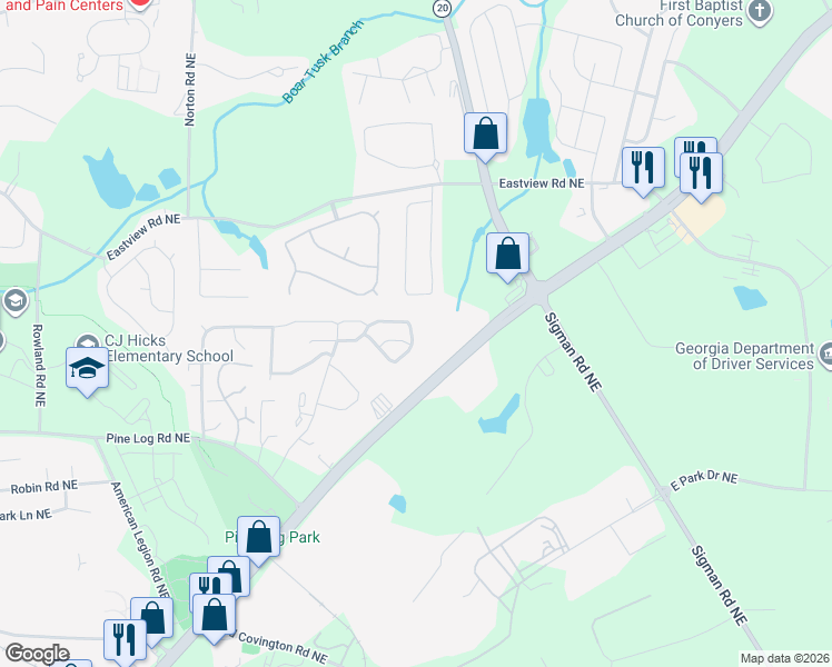 map of restaurants, bars, coffee shops, grocery stores, and more near 1706 Georgia 138 in Conyers