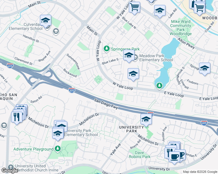 map of restaurants, bars, coffee shops, grocery stores, and more near 52 Weepingwood in Irvine